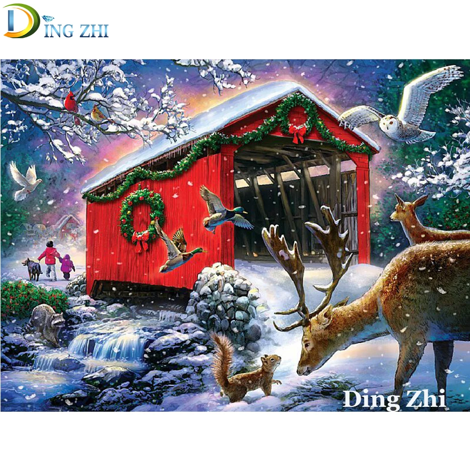 

DIY 5D Diamond Painting Full Square Round Drill Animal Deer Snow Scene Red House Cross Stitch Mosaic Embroidery Art Decoration