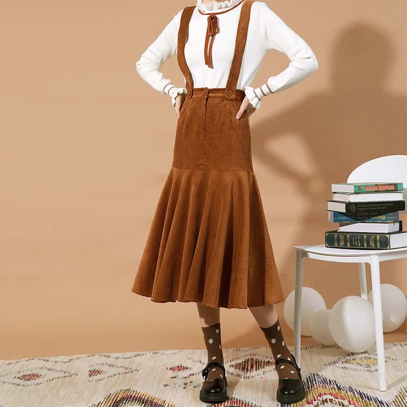 Весенняя винтажная английская юбка в консервативном стиле верблюжья коричневая