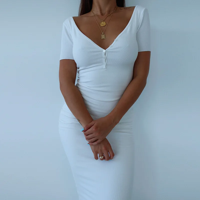 

Ankle-Length Knitted Dress Sexy Short Sleeve Summer Casual Stretchy Elastic Elegant V-Neck Women Solid Dresses Bodycon