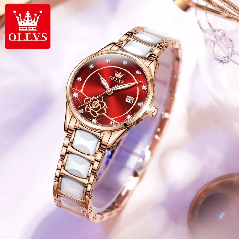 OLEVS Elegante Ladies Clock Luxury Women Watches Fashion Diamond Female Luminous calendar Quartz Wristwatches Zegarek Damski