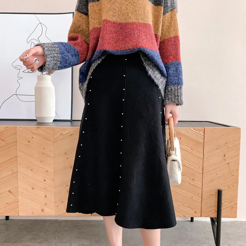 

2020 Autumn High Waist Knitted Rivet Beading Stretch Vintage Women Winter A-Line Skirt Faldas Jupe Femme Saia
