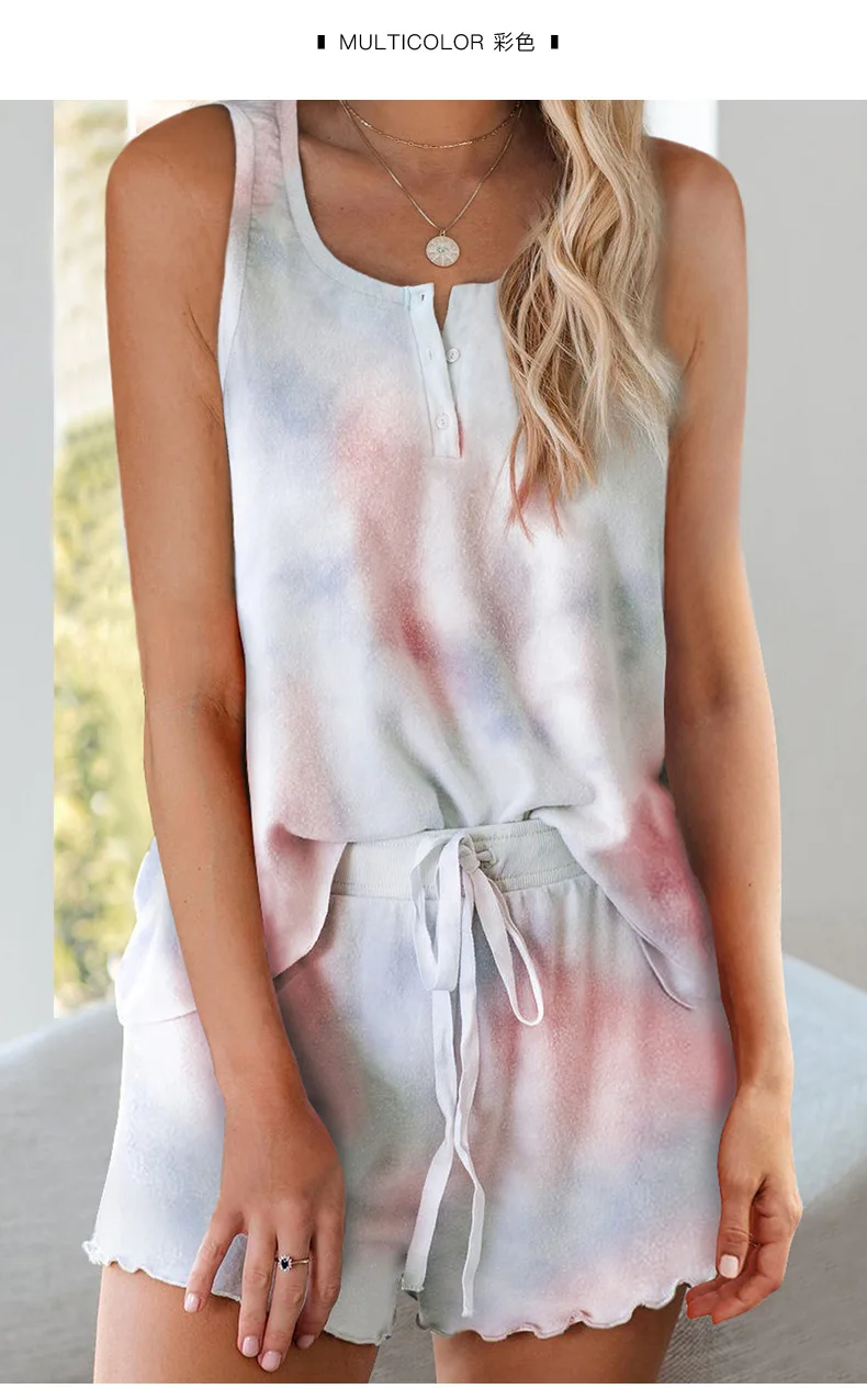 

Summer New Multicolor Tie-dyed Sleeveless Shorts Casual Ladies Vest Pajamas Summer Women Pajamas Two Piece Set Summer