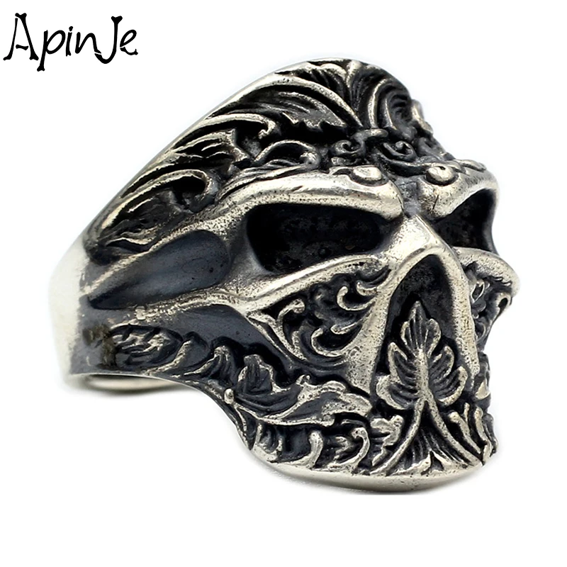 Apinje Vintage Thai Silver Skull Ring Real Pure 925 Sterling Silver Gothic Skeleton Rings for Men Punk Rock Carving Fine Jewelri