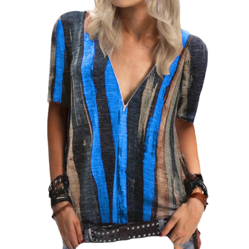 

2021 New Women's Tie Dye Printed Short Sleeve T-shirt V-neck Zipper