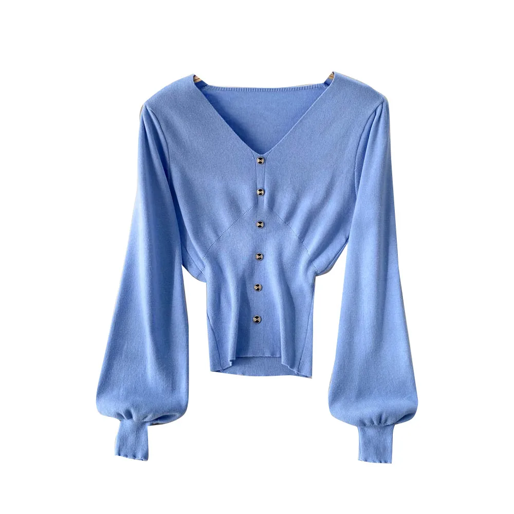 

2021 Autumn And Winter New Style V-neck Single-breasted Design Sense Of Slim Short Puff Sleeve Western-style Sweater