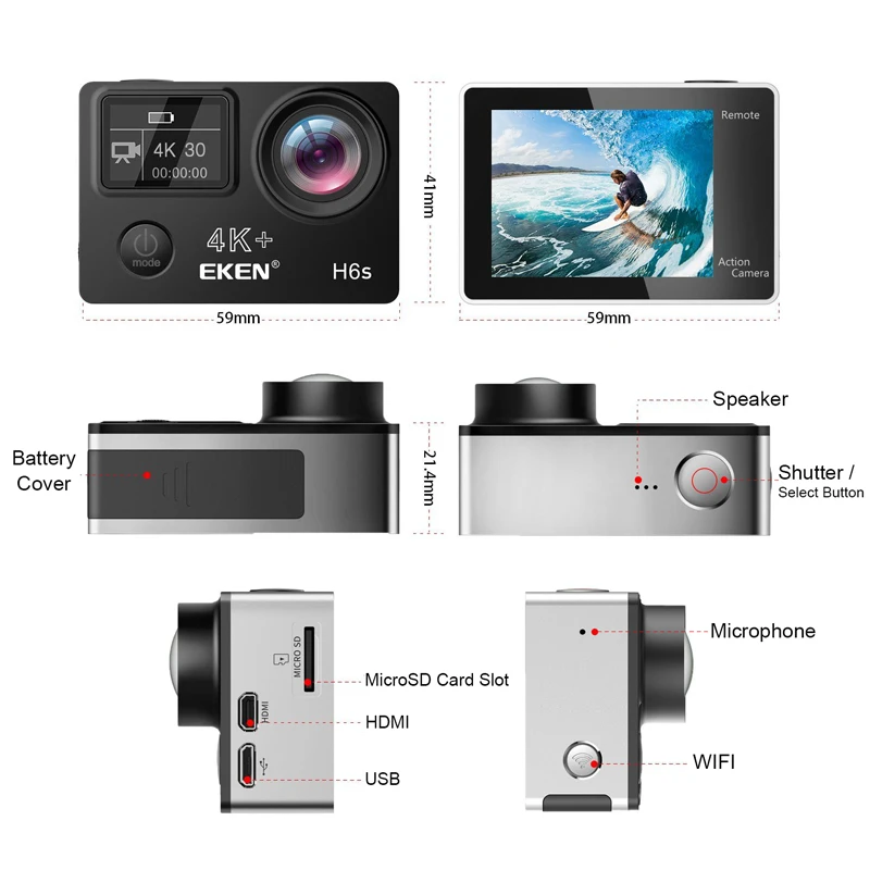 

2021 New EKEN H6S Plus Ultra HD Action Camera with Ambarella A12 Chip 4K 14MP EIS 30M Waterproof Sports Camcorder 170 Angle Lens