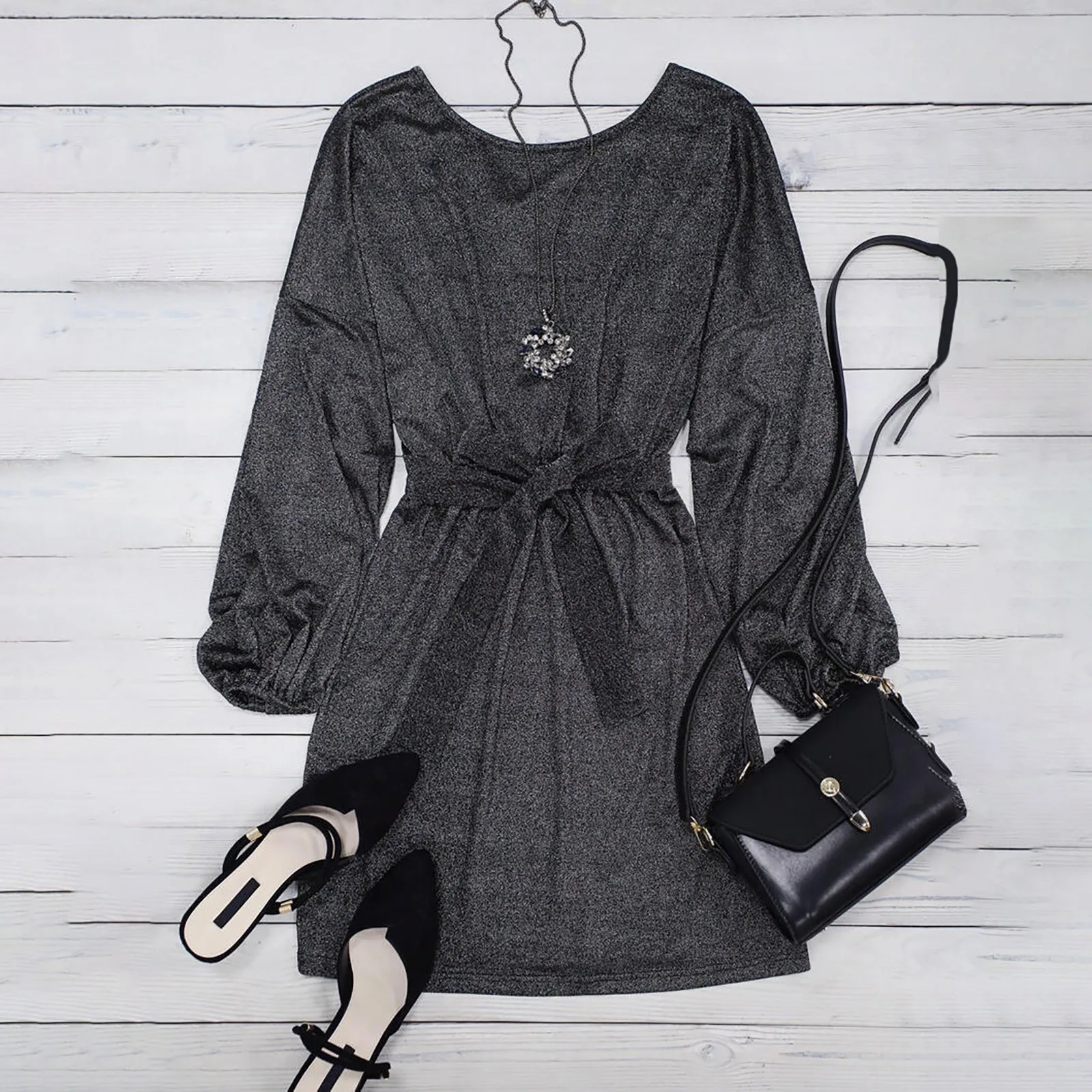 

Summer Dress Fashion Womens Sexy Backless Casual Dress Ladies O-Neck Sashes Bag Hip Long Sleeve Dresses kobieta sukienka