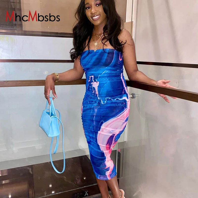 

Elegant Tie Dye Print Strapless Sleeveless Evening Party Club Bodycon Midi Dress Women Sexy Casual Summer Beach Boho Dresses