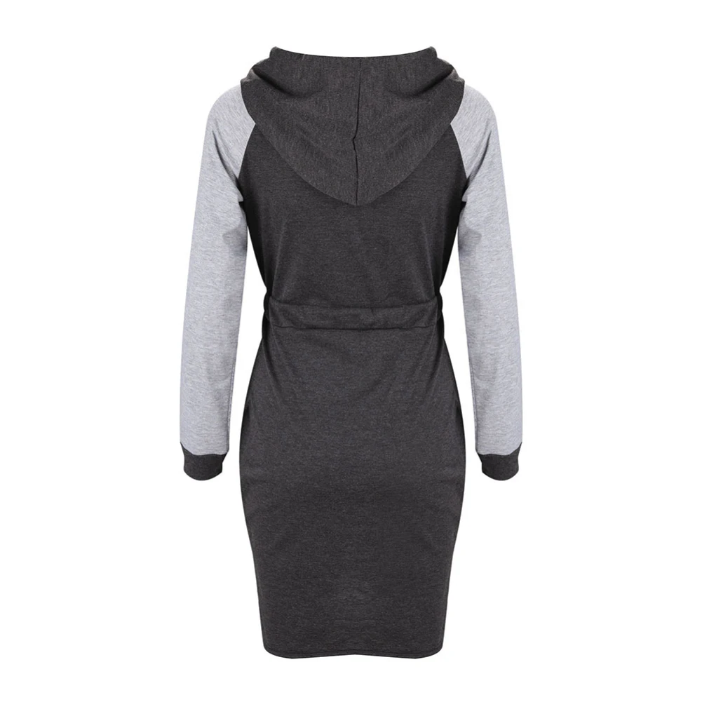 Women Casual Long Sleeve Color Block Waist Tight Drawstring Bodycon Hoodie Dress Ladies color matching hat skirt | Женская одежда