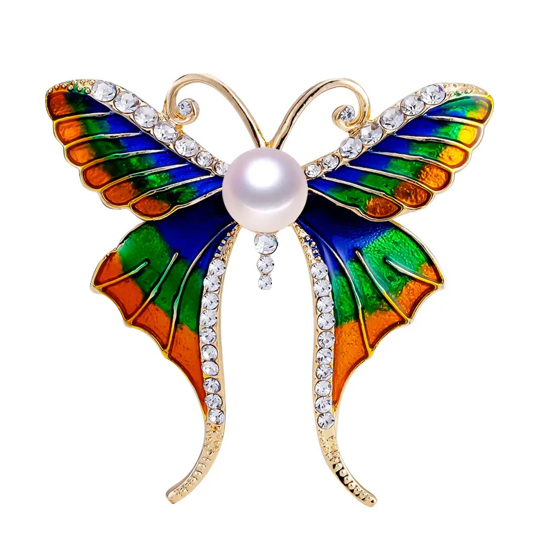 

New alloy natural 8-9mm freshwater pearl brooch enamel color butterfly corsage gifts finished wholesale coat