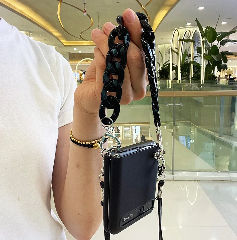Fashion Black Hand Chain Bracelet Case Cover For Samsung Galaxy Z Flip 4 With Neck Strap Crossbody PC Back Cover Z Flip 3