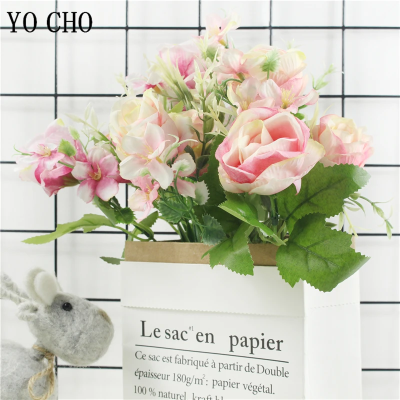 

YO CHO 1 Bouquet 7 Forks 5 Rose Heads Artificial Flowers Peony Autumn Silk Fake Flowers for DIY Living Room Home Garden Wedding