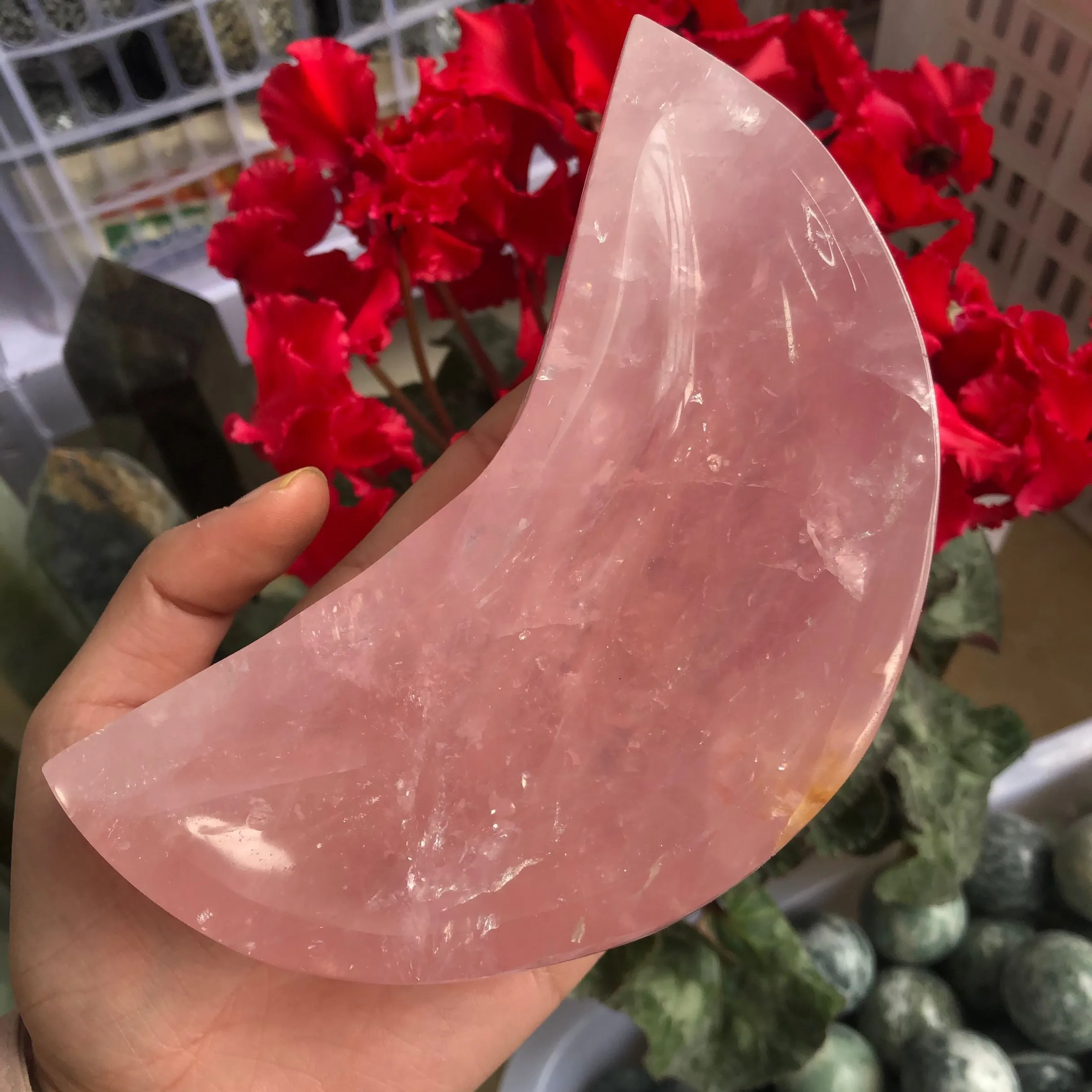 Cuenco de cristal con forma de luna y corazón de cuarzo rosa, piedra rugosa tallada a mano, piedra curativa, decoración del hogar