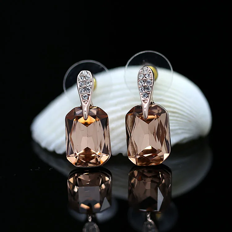MOONROCY Women's Rose Gold Crystal Earrings, Square Champagne Brown Jewelry Gift image 4
