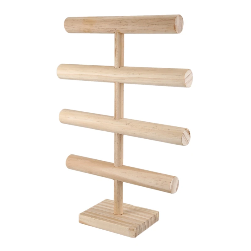 

4 Tiers T-Bar Jewelry Stand Rack Solid Wooden Jewellery Display Holder for Bracelet Watch Bangle Hair Hoop