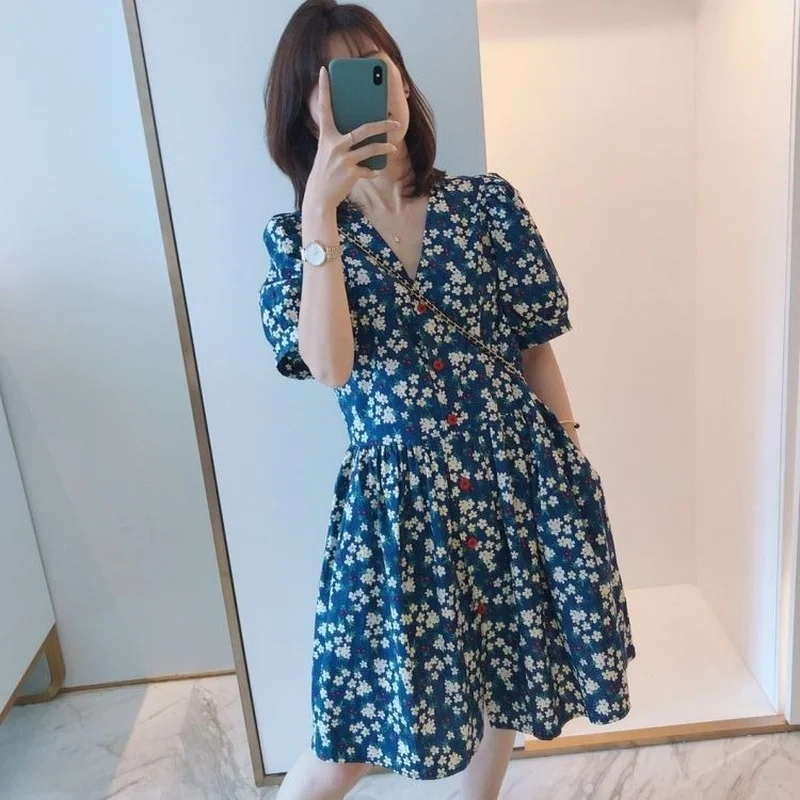 

Cherry Floral Dress Summer Women Loose Slim Waist Short Sleeve Cottagecore Dress Student New Sweet Cute High Waist Chiffon Dress