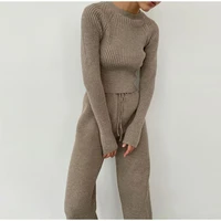 women autumn winter solid knitted sweater sets casual o neck pullover and drawstring pants outfits new casual homewear lady suit