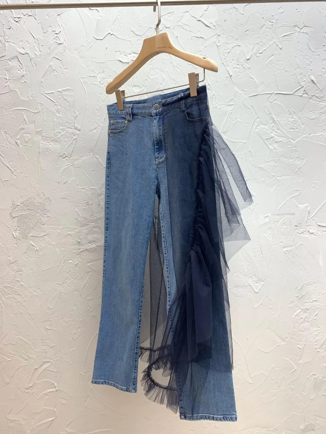 new 2021 spring women mesh patchwork jeans female vintage straight denim pants trouse ddxgz2