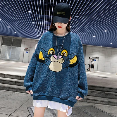 Blue Поддельные из двух частей утолщаются плюс бархат толстовка женский свободный корейский студентов дикий мультфильм печати с длинным рукавом пуловер Топы - Цвет: Blue