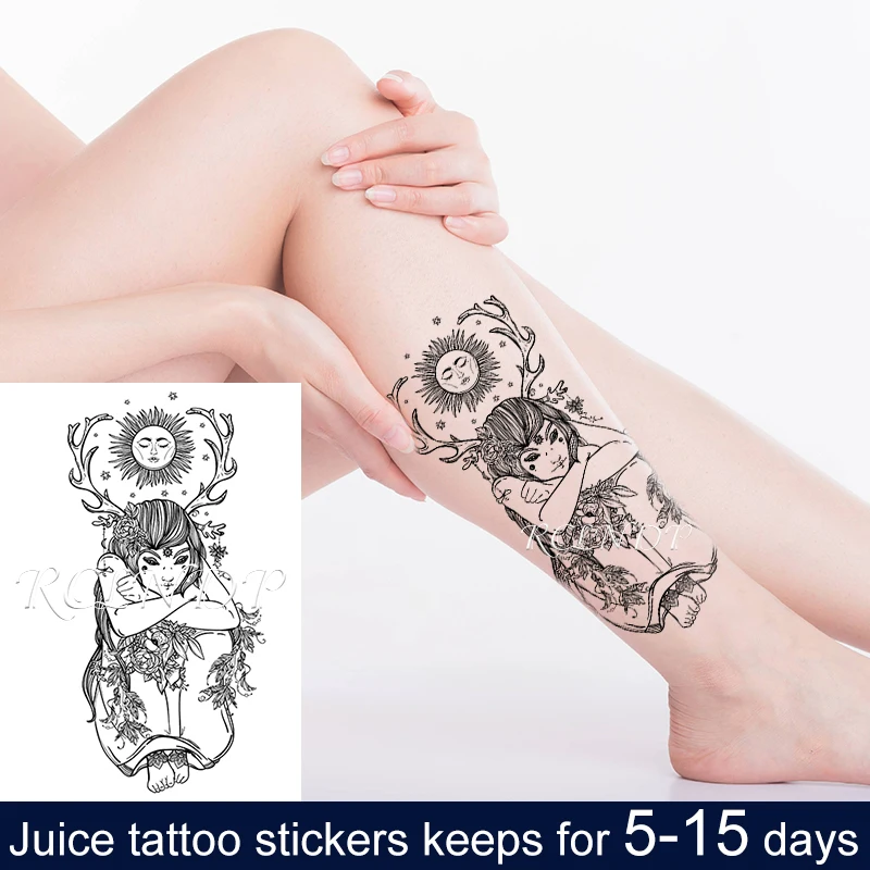 Waterproof Temporary Juice ink Sticker Sun Goddess Planet Plant Fruit Gel Long lasting Tattoo Art for Men Women girl | Красота и