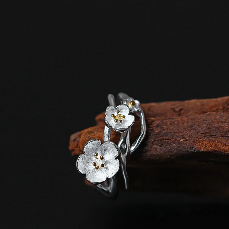 

S925 Sterling Silver Beautiful flower open ring female classical ethnic style plum blossom lady For Women Adjustable Size Finger