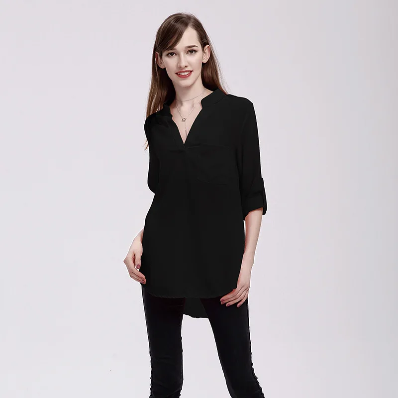 

Plus Size Spring Summer Woman V-collar Long Sleeve Pocket Loose Blouses Women Chiffon Shirts