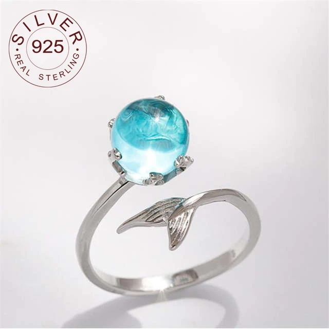 

925 Sterling Silver Blue Crystal Mermaid Bubble Open Rings For Women Wedding Birthday Gift Creative Fashion Jewelry jz137