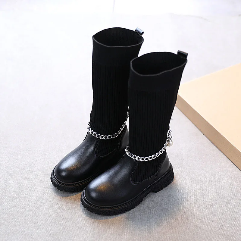 

Girls Chain Pearl Shoes Slip On Kids Mid-calf Pu Knit Splicing Boot 2021 Winter Big Child Square Heel School Dress Shoe 27-37