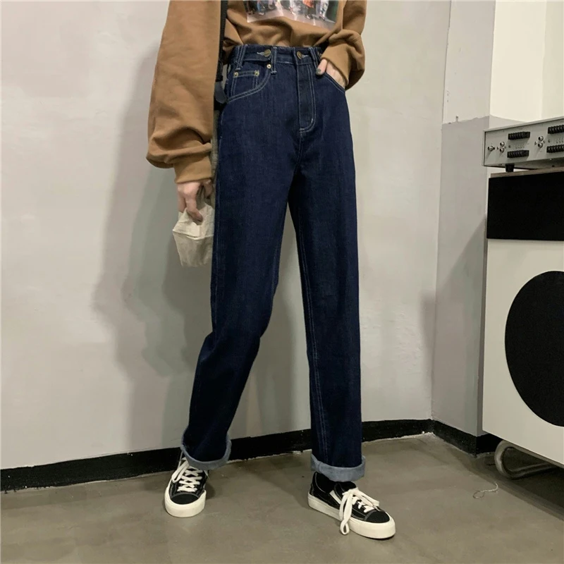 

Корейский вариант 2021 новые женские джинсы в стиле ретро темно-синие свободные прямые брюки с высокой талией были тонкими брюками