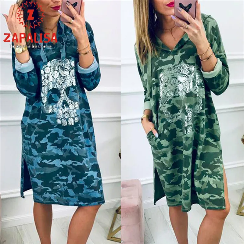 Женское платье с капюшоном повседневное свободное камуфляжное длинным рукавом и