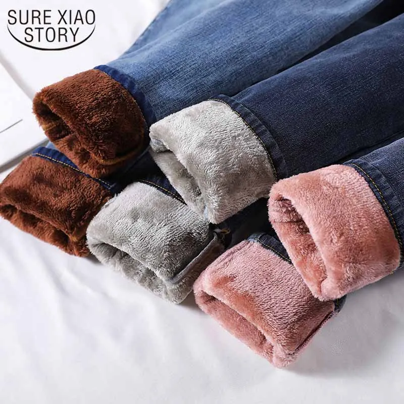 

High Waist with Fleece Trousers Women's Winter Korean Style Slim Thicken Plus Fleece Jeans for Outer Wear Skinny Pantalon 11993