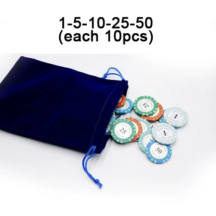 50pcs velvet bag 100/200 шт казино Корона Монте Карло глины покер чип комплекты внутреннюю металлическую с отделкой Стикеры с коробкой 14g Техасский покер - Цвет: 50pcs velvet bag