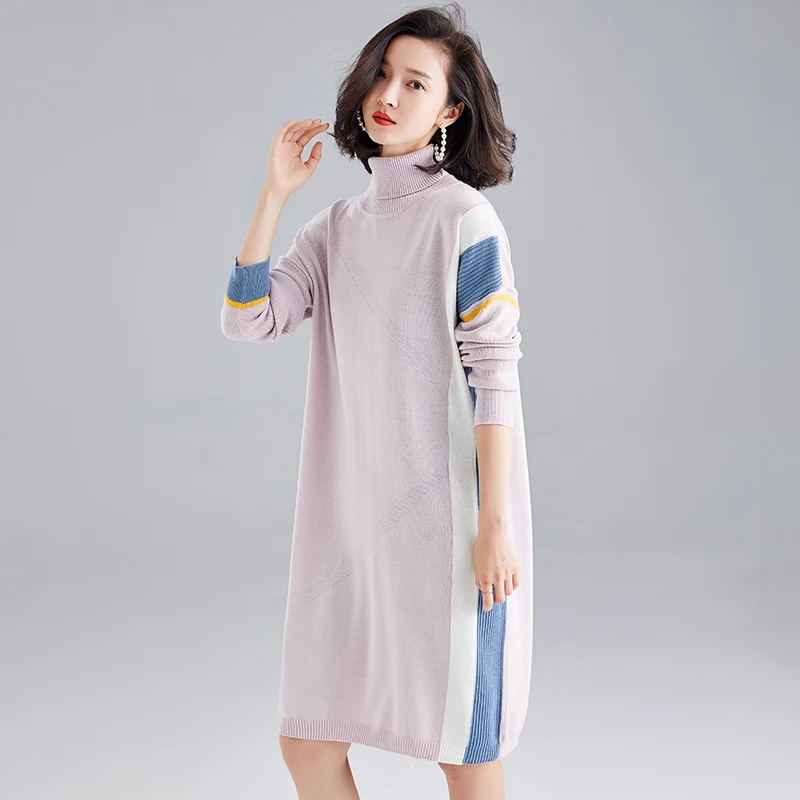 Осенне-зимнее женское кашемировое платье с высоким воротником платье-пуловер
