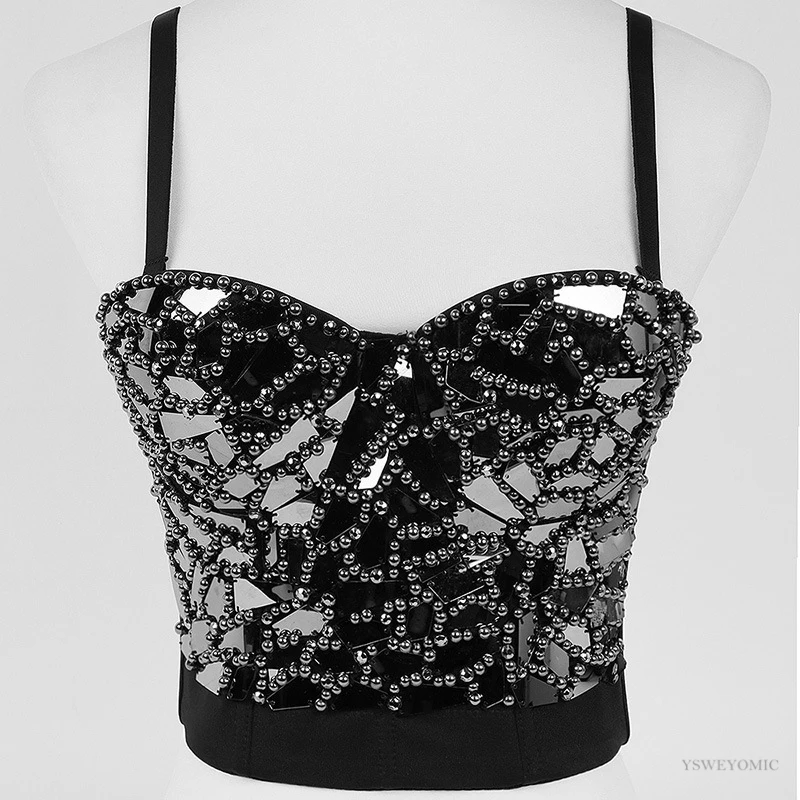 Women's Gold Silver Red Blue Sequin Cropped Tops Rhinestone Pearl Tank Top Glitter Sexy Bustier Tops Rave Festival Party Vest