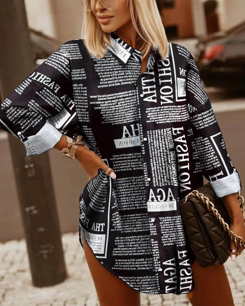 Ladies Women's Spring and Autumn Long-sleeved Casual Tops Female Newspaper Print Roll Tab Sleeve Button Up Shirt