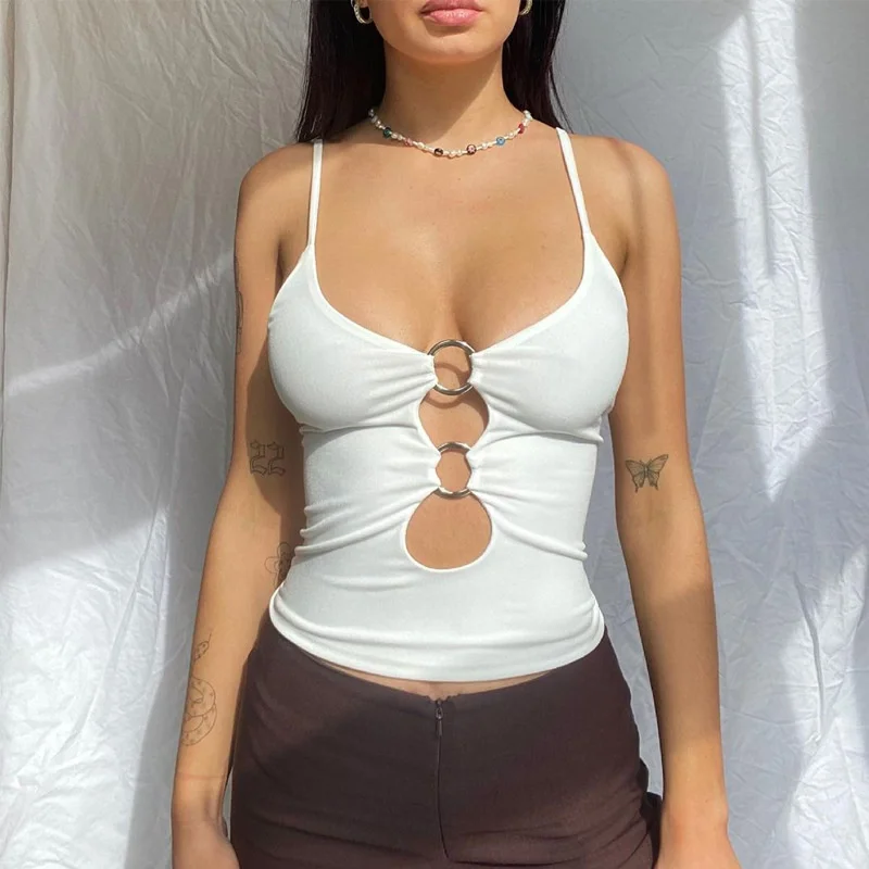 

ZOVSV Solid Casual Y2K 90s Sleeveless Cami Top Women Backless Hollow Out Sexy Crop Tops Tees Fashion Fitness Camisole 2021