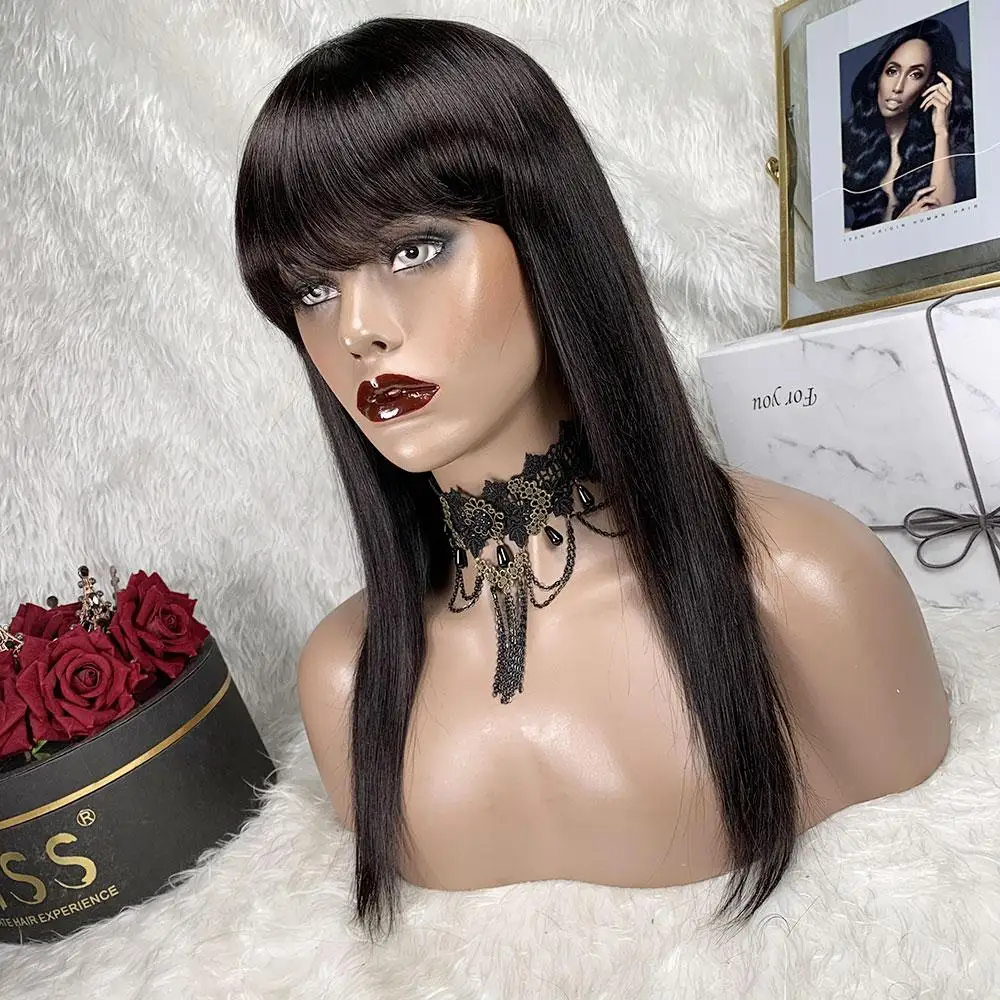Bliss Short Wigs with Bangs 100% Human Hair Straight Brazilian Remy Natural Color for Women | Шиньоны и парики