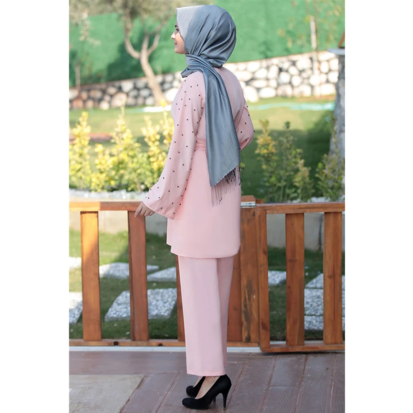 

Muslim Sets Fashion Abaya Dubai Women Two Piece Set Top and Pants Casual Middle East Islamic Rhinestone Solid Full Sleeve Outfit