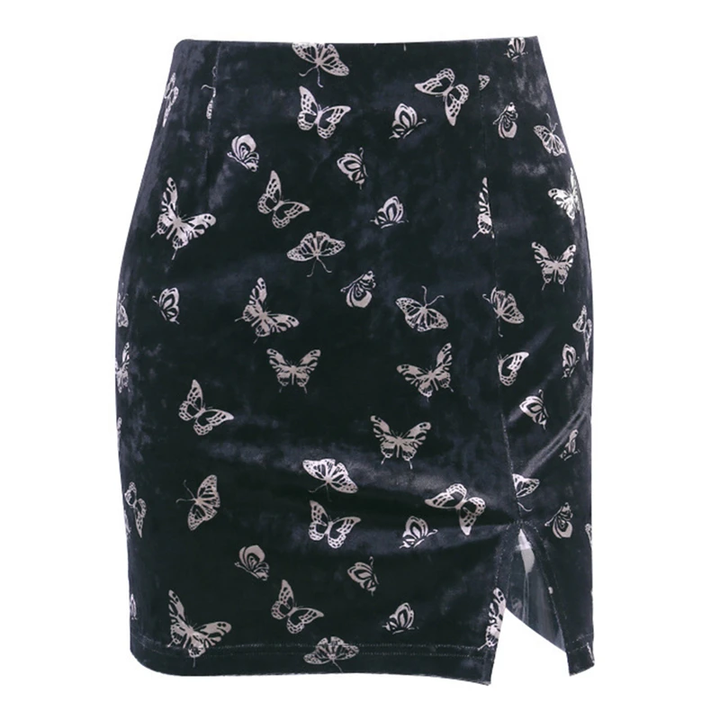 

Women Vintage Velvet Skirt Ladies Fashion Butterfly Print Skirts Streetwear Slim High Waist Mini Split Skirt For Female