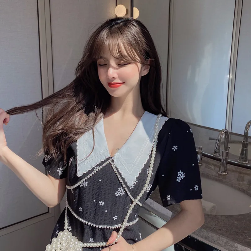 

Fashion 2021 Women Dress V-Neck Floral Print Dress Short Sleeve Mini Style Beading Elegant Party Dress