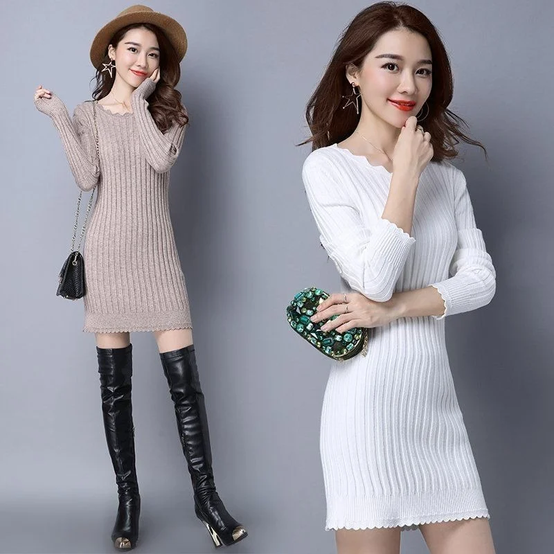 

Autumn Winter Women Warm Short Dress Sweater Long Sleeve O Neck Casual Slim Solid Color Sexy Party Knitted Dresses L635