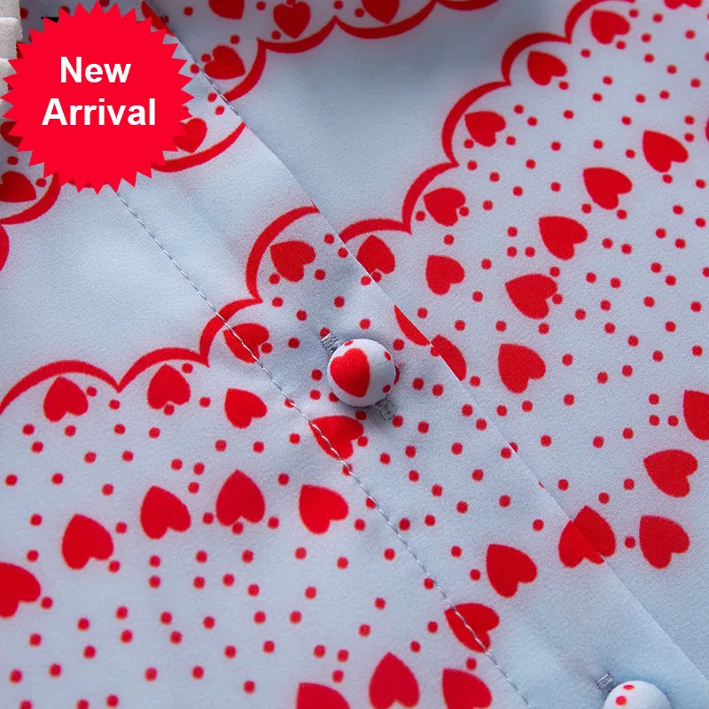 

Summer Fashion Runway Pleated Dresses Women Long Sleeve Sashes Elegant Heart-Shaped Polka Dot Print Midi Dress