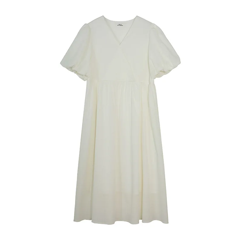 

French Style Temperament Puff Sleeve Dresses for Women New Simple Loose Chic Sweet Embroidery Vestidos Solid 2021 Summer Robe
