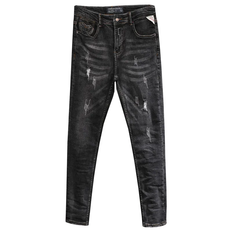 European Vintage Fashion Men Jeans Retro Black Gray Elastic Slim Ripped Jeans Men Distressed Designer Cotton Denim Punk Pants