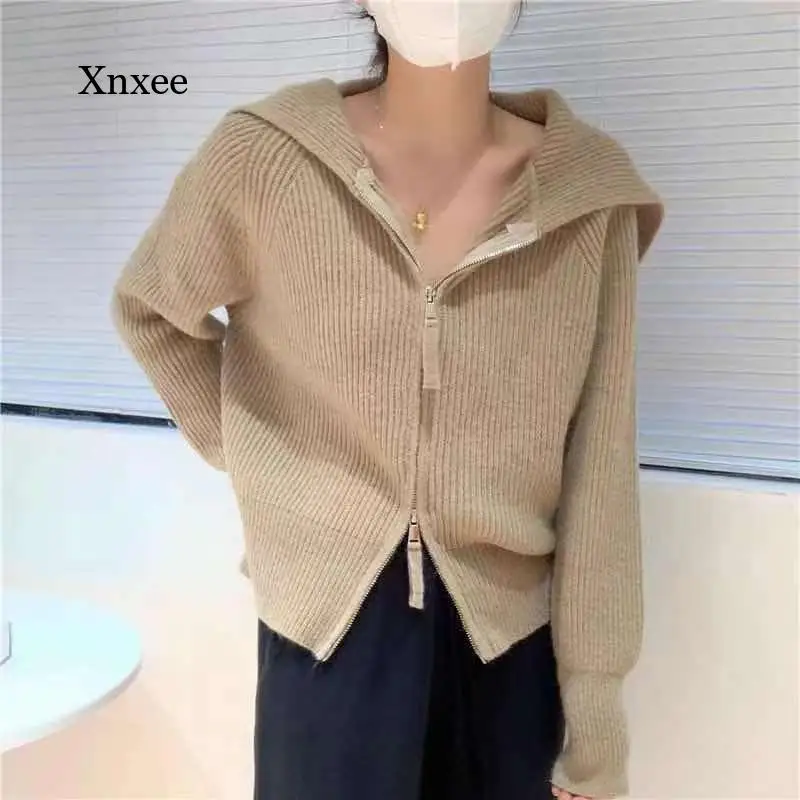 

Pure Elegant Sweaters Vintage Knitted Cardigan Harajuku for Women Fall Fashion Double Zipper Oversized Jacket Black Beige Coats