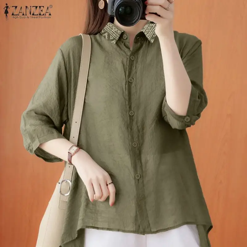 

Женские блузки с принтом ZANZEA, лоскутный кафтан, Асимметричная рубашка, повседневные блузы с рукавом 3/4, Женская туника на пуговицах, большие ...