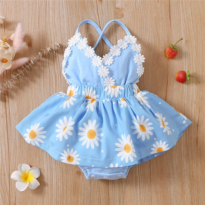 

Summer Sweet Baby Girls Daisy Print Short Romper,0-18Months Newborn Toddler Girls Breathable Sleeveless V-neck Backless Jumpsuit