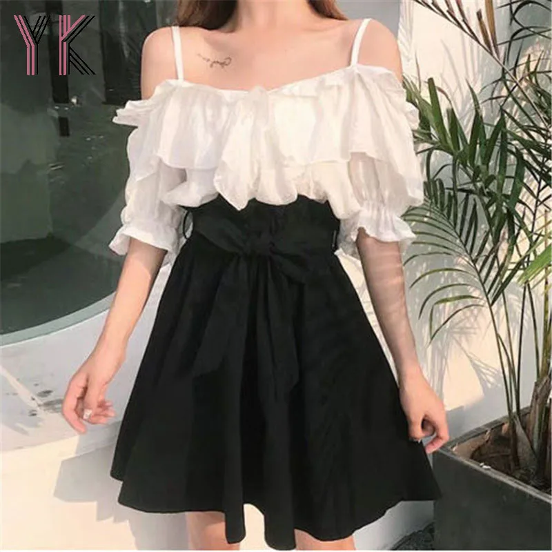 

Two Piece Solid Color Collar Ruffled Pullover Shirt + Lace Up High Waist Flower Bud Mini Skirt Set Summer Korean Sexy Women Suit