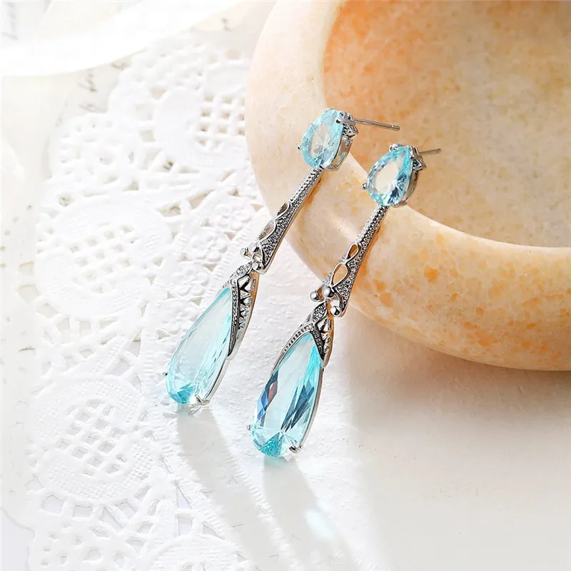 

Luxury Light Blue Stone Dangle Earrings for Women Wedding Engagement Gift Drop Earrings Ladies Party Fashion Jewelry Wholesale
