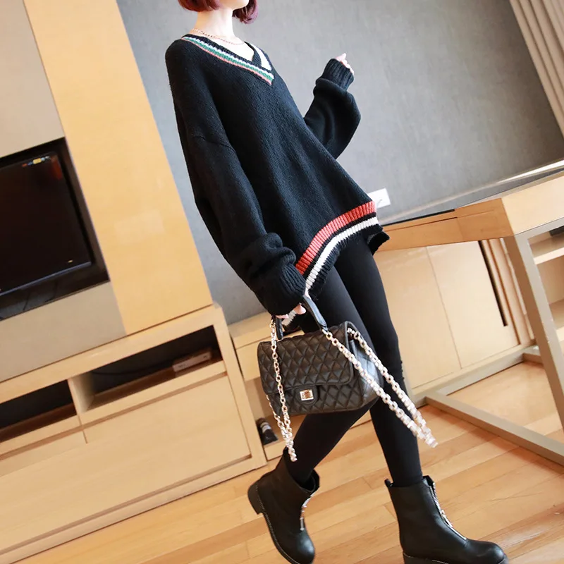 

Large size v-neck pullover sweater thick female new autumn and winter 2019 women's fashion loose long-sleeved knit shirt laz